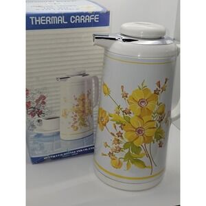Vintage Diamond Thermal Carafe Yellow Flowers With Original Box MCM LOT CC